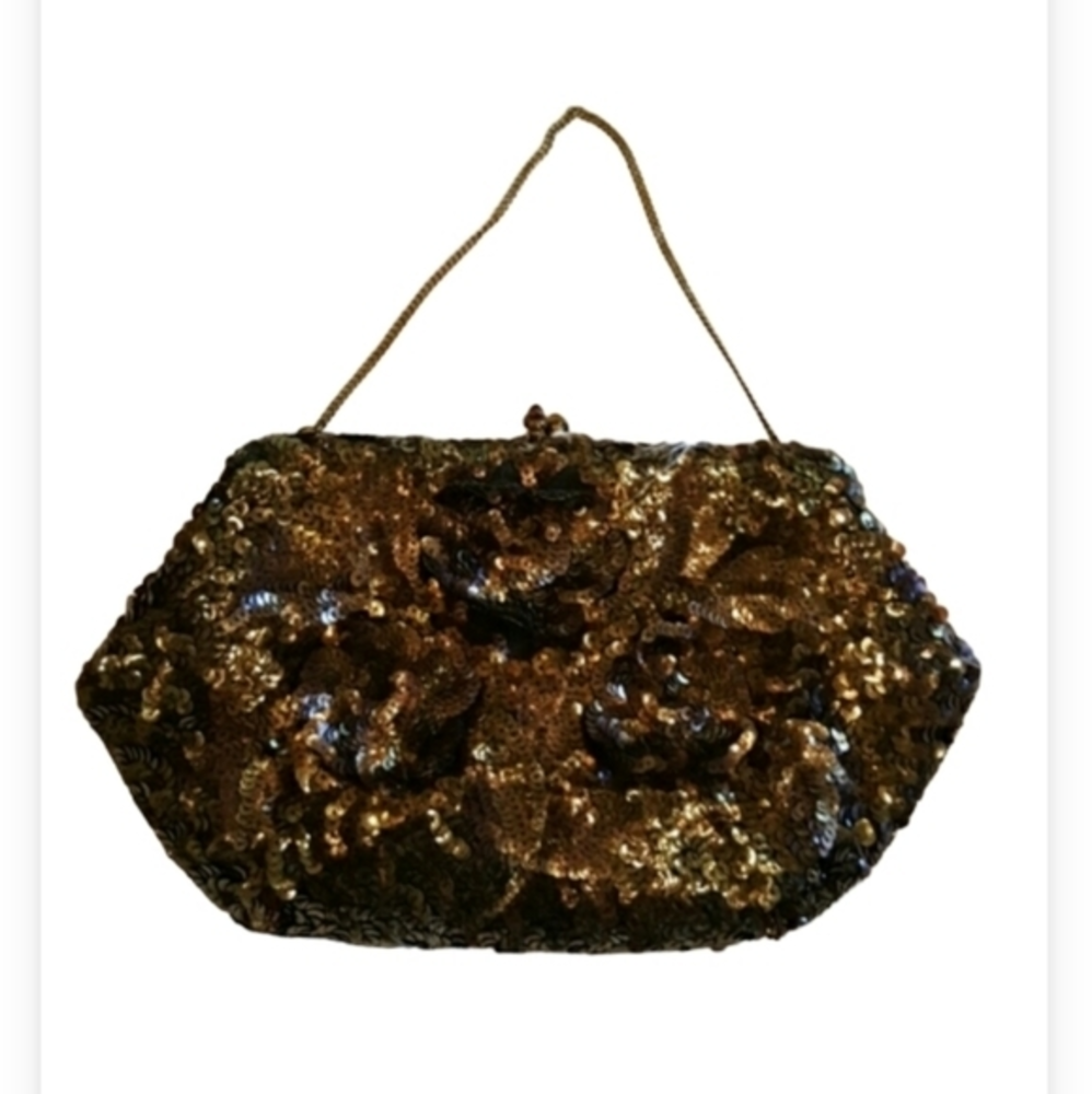 VINTAGE Josef! MADE IN FRANCE BY JOSEF BROWN BRONZE SEQUINCED SMALL CLUTCH
